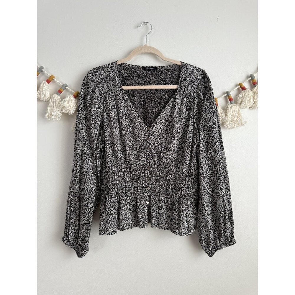 Madewell Smocked Waist Button Down Turdo Floral Black Top Coquette Shabby Chic L